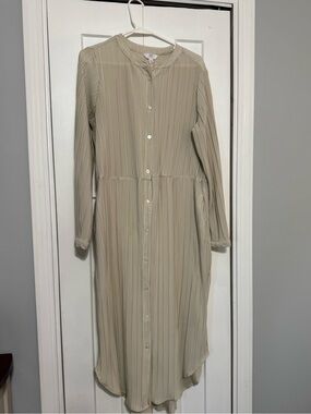 Light Beige Long Sleeve Button-Front Midi Dress